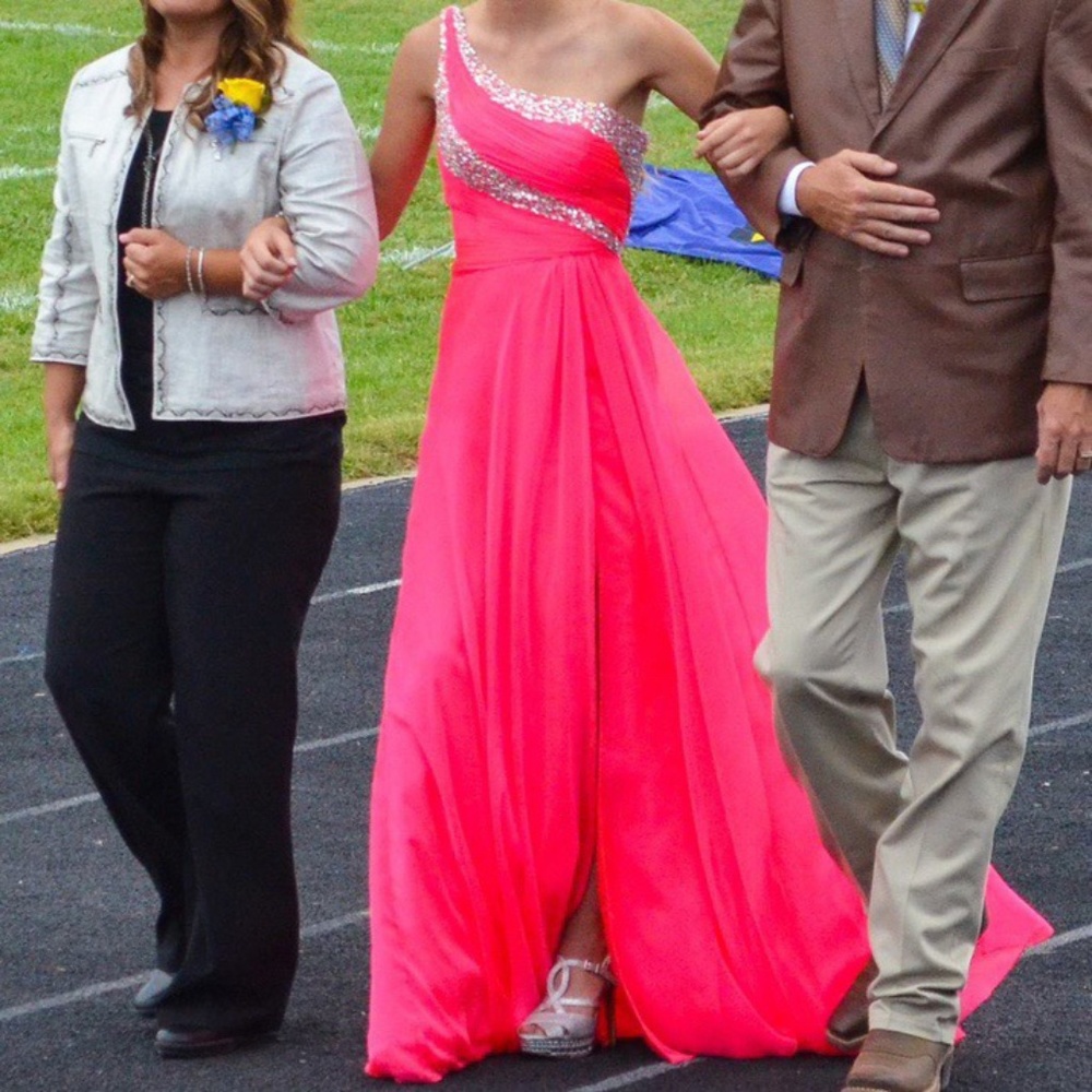 Hot Pink One Shoulder Sparkly Prom Dress